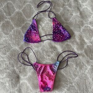 Purple and Pink Bikini Set with Rhinestones